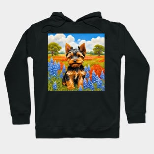 Yorkshire Terrier Puppy in Texas Wildflower Field Hoodie